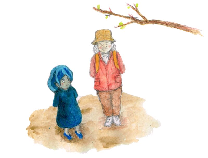 桜が咲くのを待っている女ん庫　イラスト