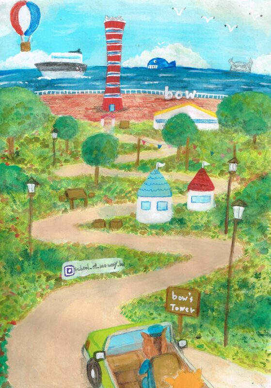 ボウズタワーと景色　イラスト