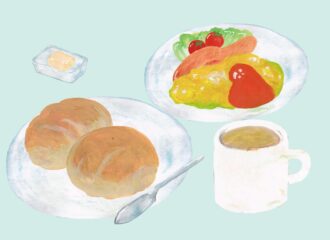 バターロールとスクランブルエッグとベーコン　イラスト