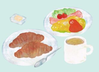 クロワッサンとスクランブルエッグとベーコン　イラスト