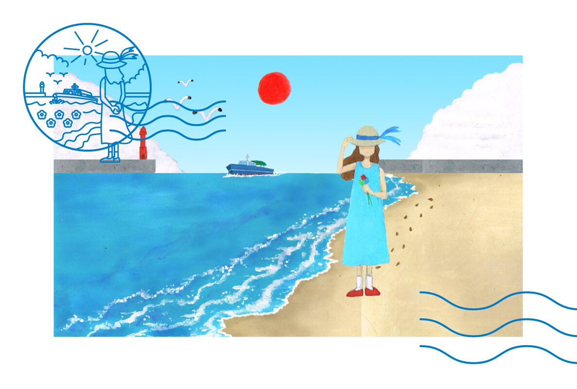 海と麦わら帽子の女性 イラスト